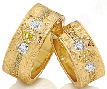 18ct yellow gold engraved Gents & ladies matching diamond wedding ring set