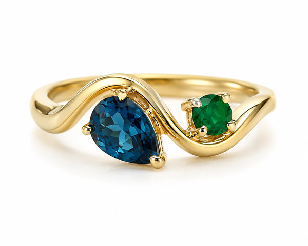 9ct Yellow Gold Toi et Moi London Blue Topaz & Emerald Ring