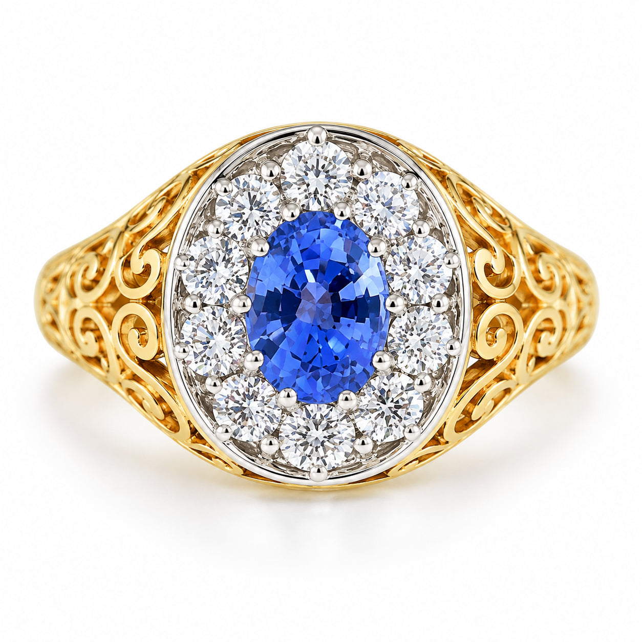 Oval Ceylon Sapphire & Diamond Filigree Ring in 18ct Yellow Gold