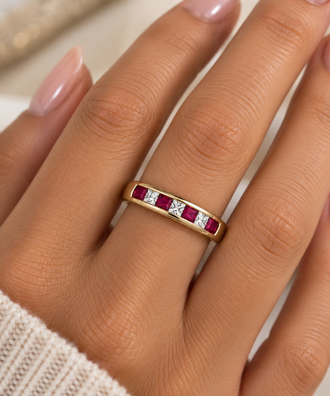 Ruby & Princess-Cut Diamond Channel-Set Ring in 9ct Yellow Gold