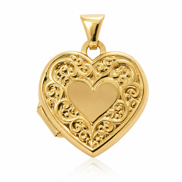 9ct Yellow Gold Engravable Scroll Pattern Heart Locket