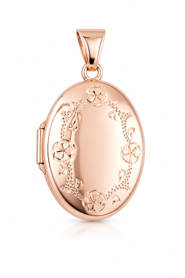 9ct Rose Gold Floral Border Oval Locket