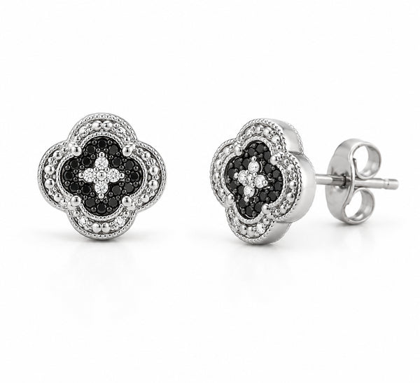 9ct White Gold Black & White Diamond Cluster Stud Earrings