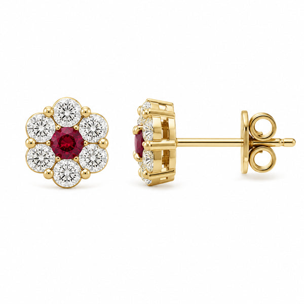 9ct Yellow Gold Ruby & Diamond Flower Cluster Stud Earrings