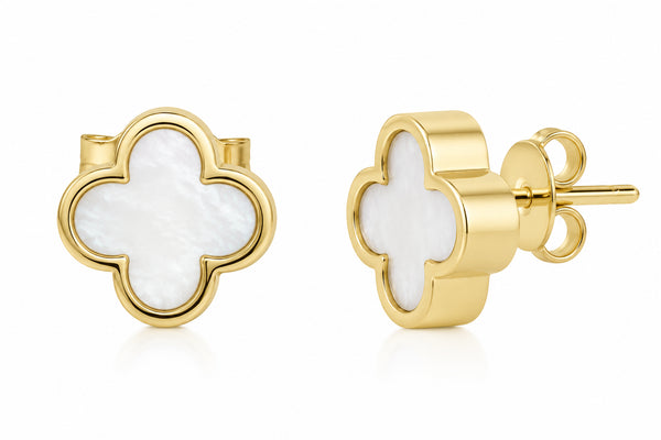 9ct Yellow Gold Mother of Pearl Four Leaf Clover Stud Earrings