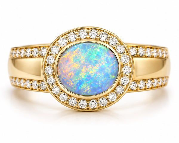 9ct Yellow Gold Opal Doublet & Diamond Ring