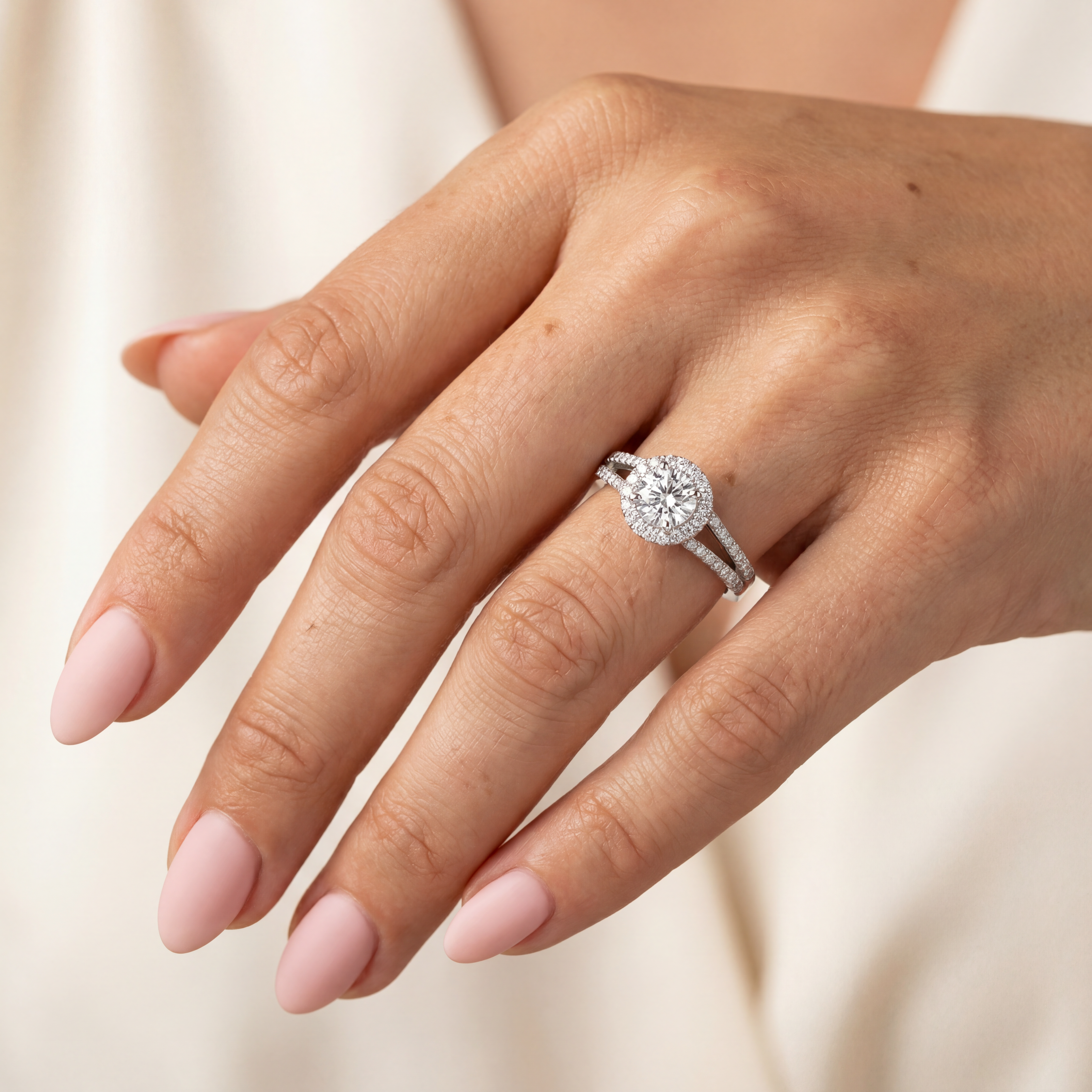 18ct White Gold Diamond Halo Ring with Split Shank
