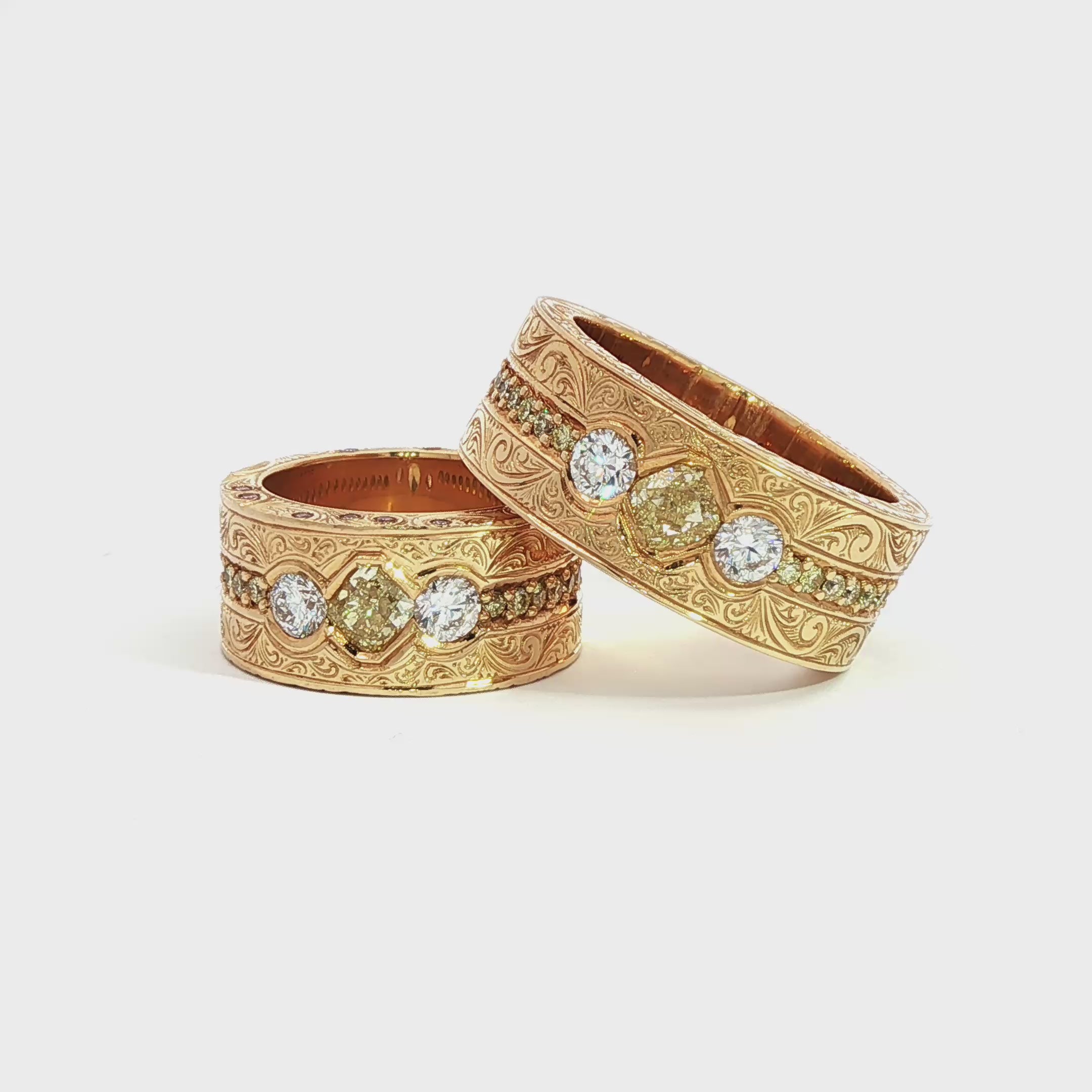 8ct yellow gold engraved Gents & ladies matching diamond wedding ring set