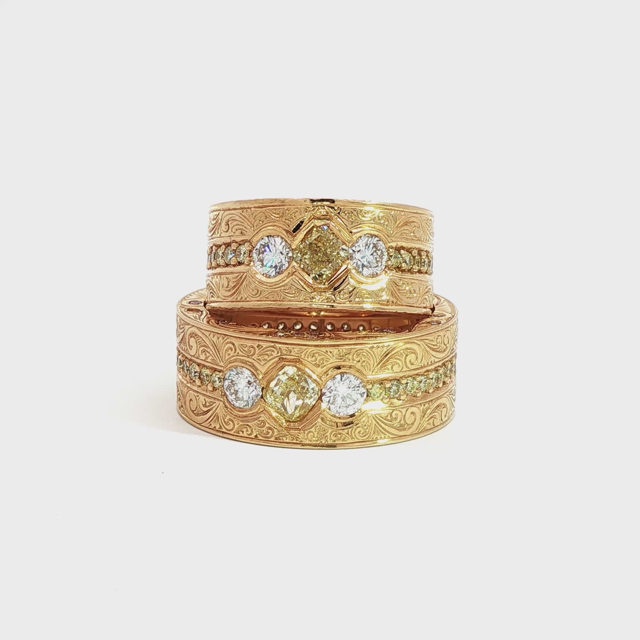 8ct yellow gold engraved Gents & ladies matching diamond wedding ring set