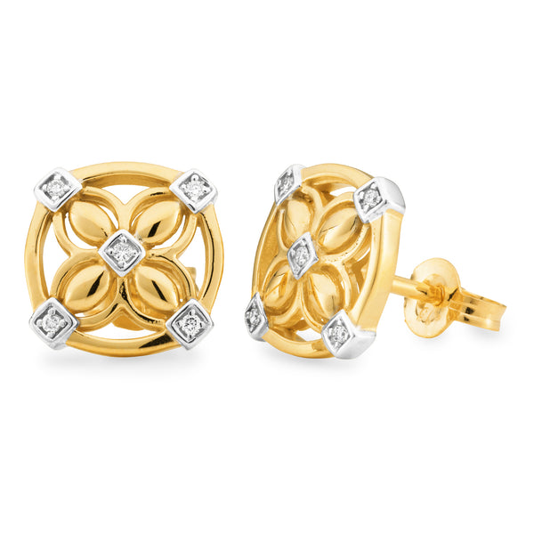 9ct Yellow Gold Four Leaf Diamond Stud Earrings